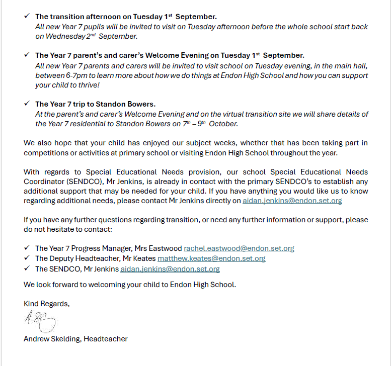 Transition Letter 2026 — Endon High School